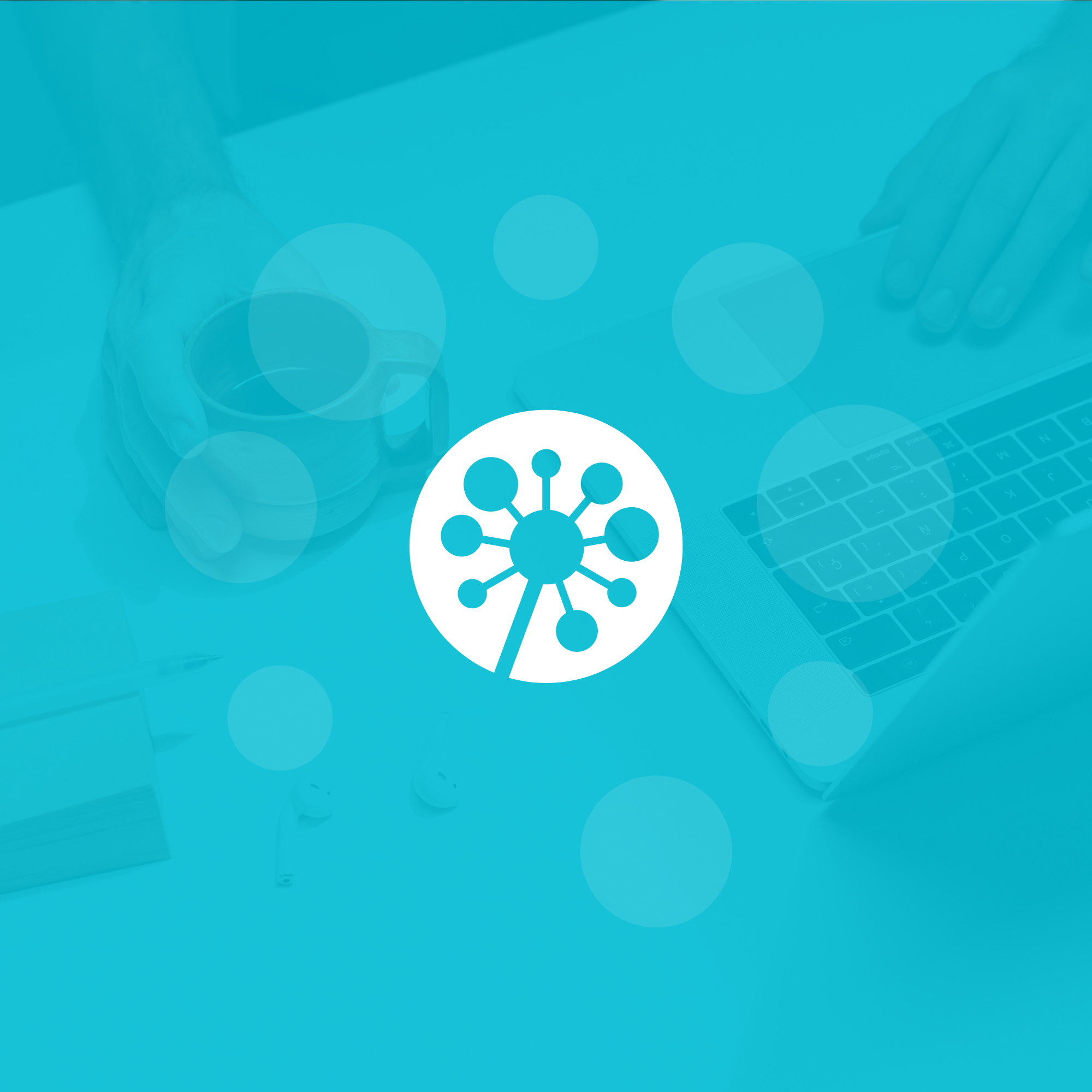 Hub network-node mark in white over a teal-tinted photo of a desk and laptop