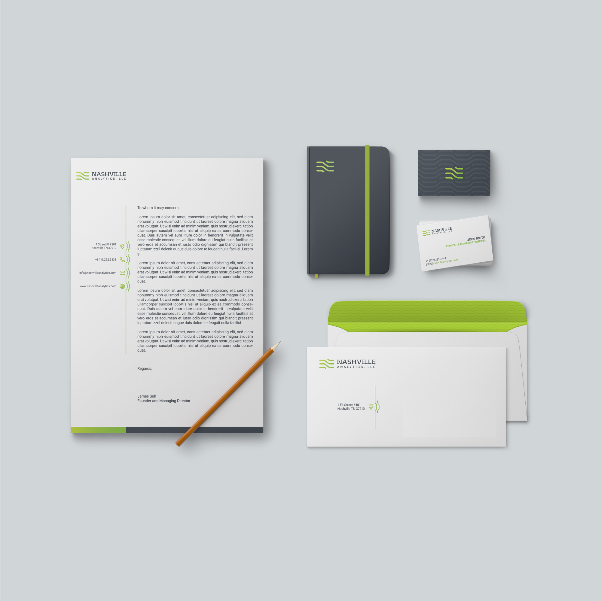 Nashville Analytics stationery: letterhead, notebook, envelopes and business cards