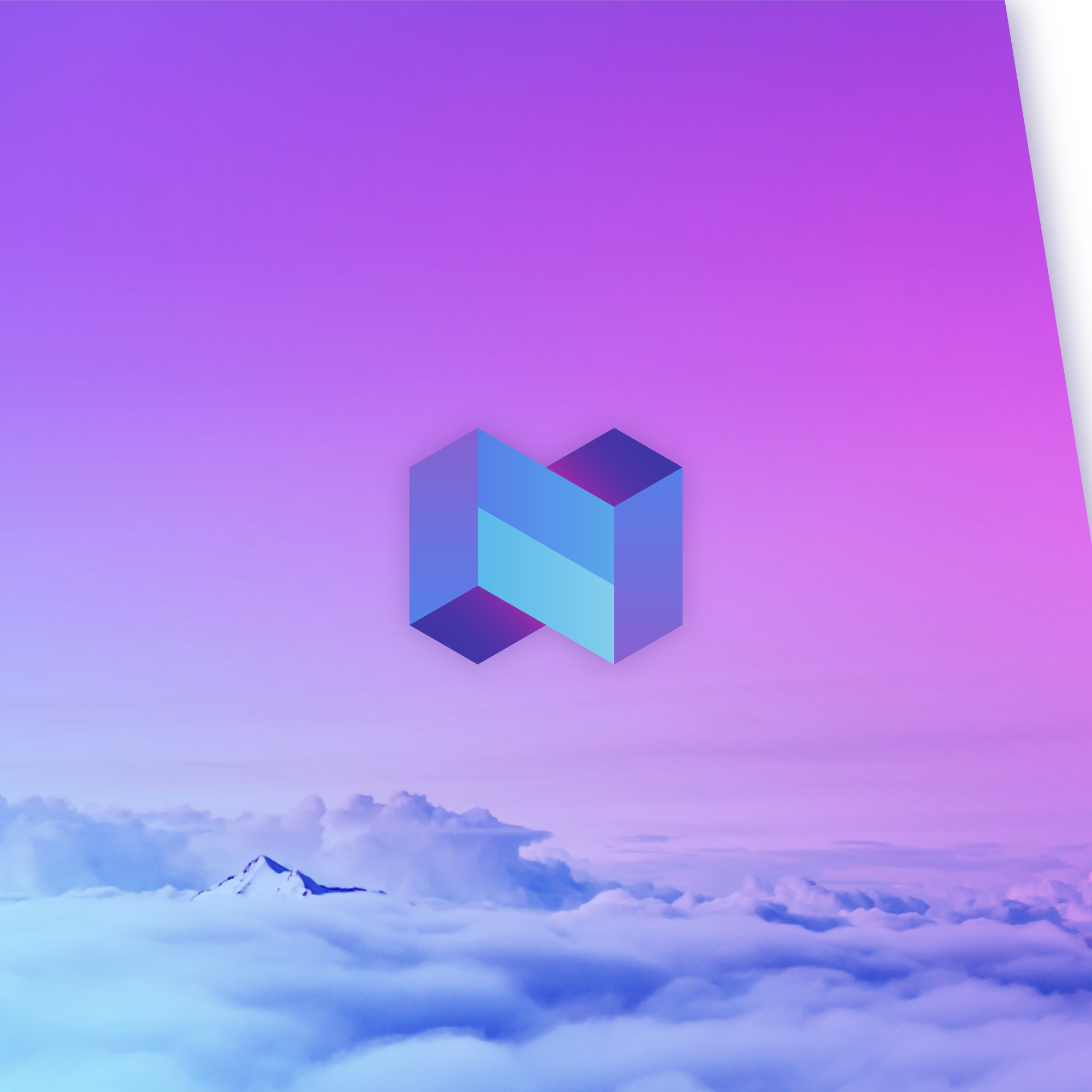 Nemondo isometric N logo mark in blue and violet above a sea of clouds
