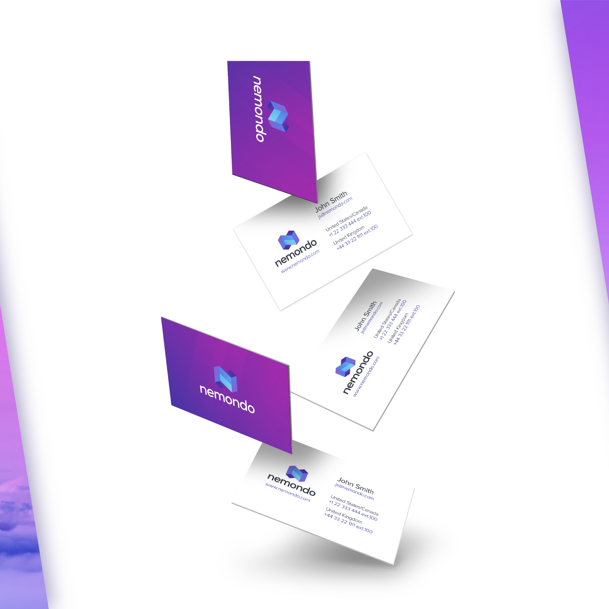 Nemondo business cards falling in mid-air, front and back