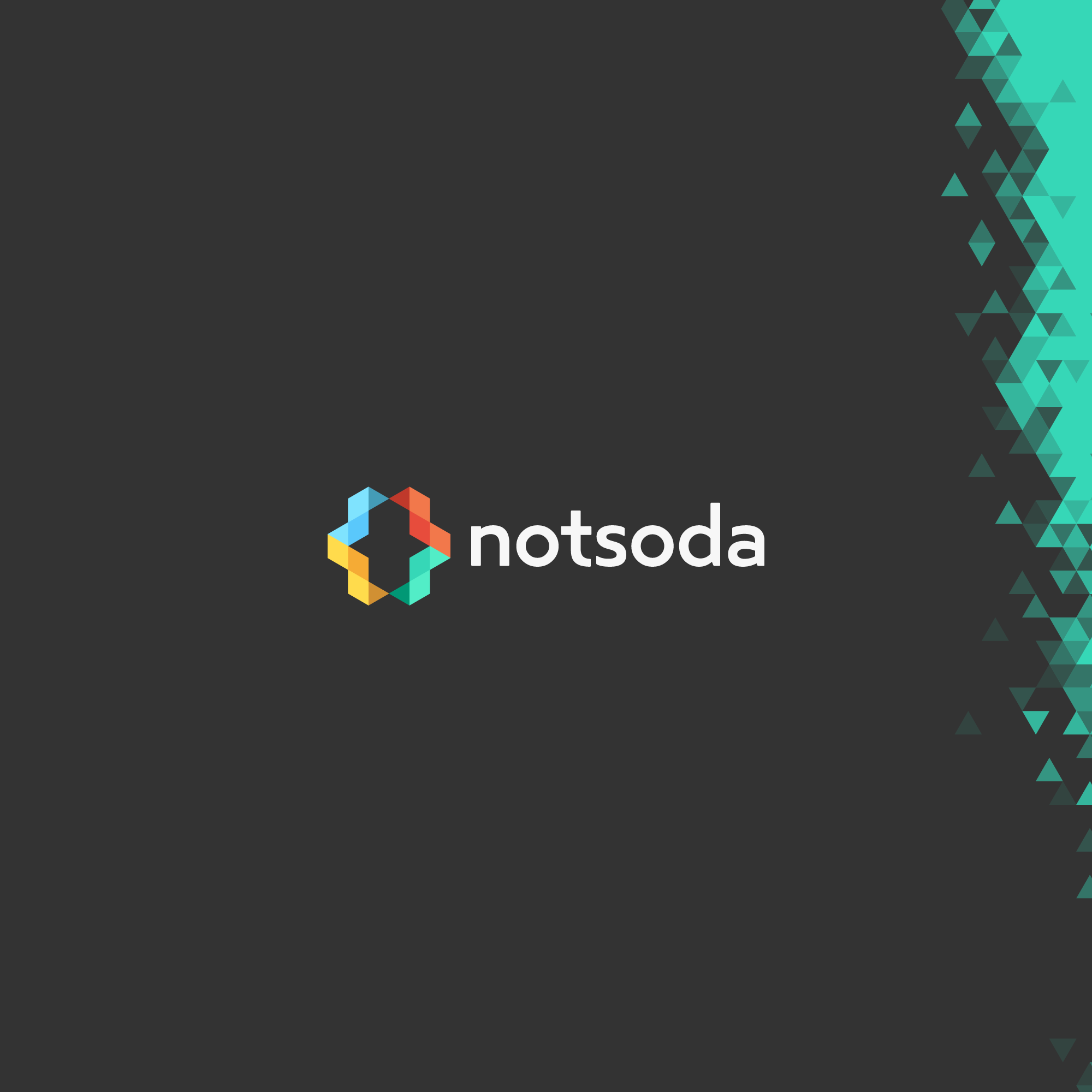 Notsoda logo and wordmark on charcoal, edged with scattered multicolor triangles