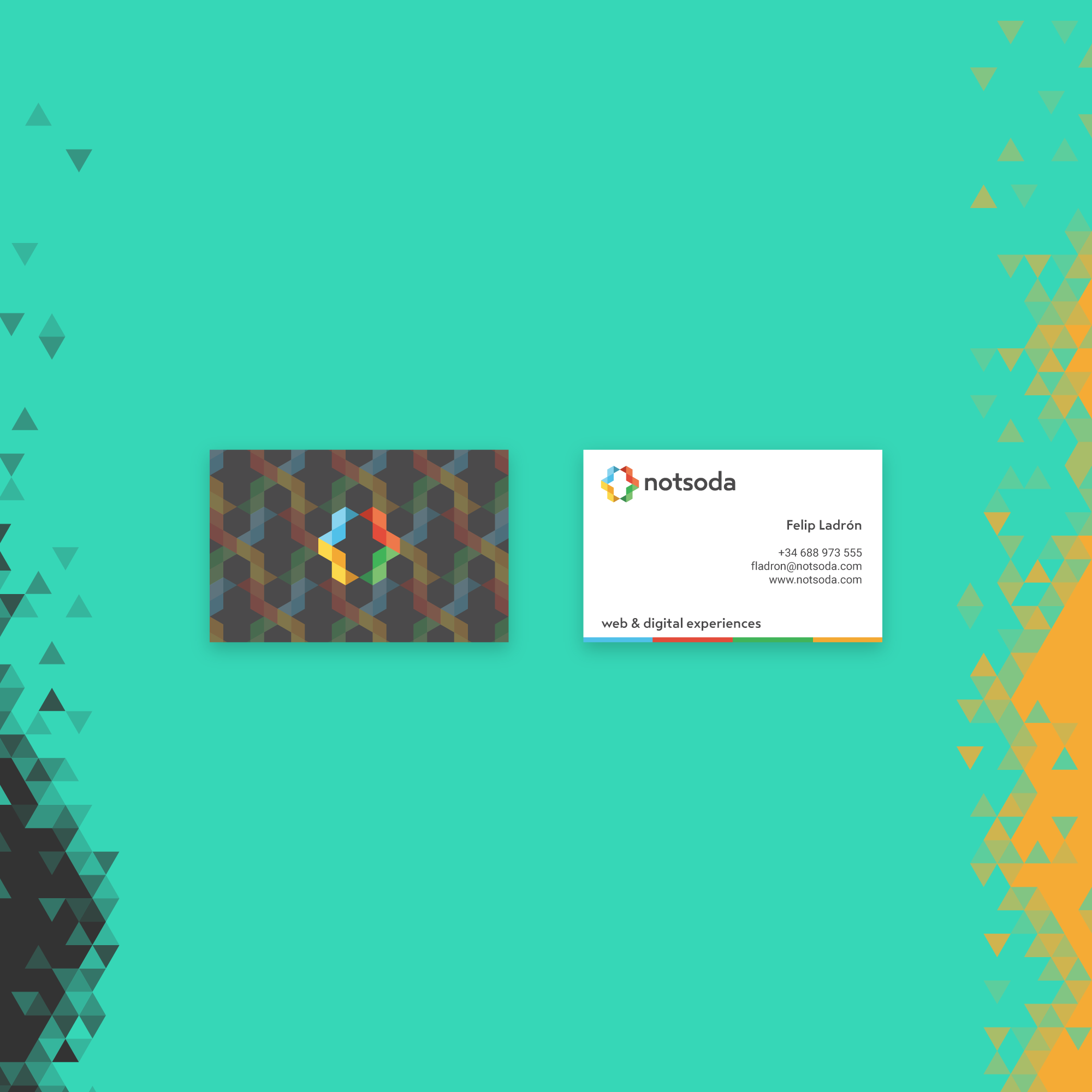 Notsoda business cards, front and back, on a teal background