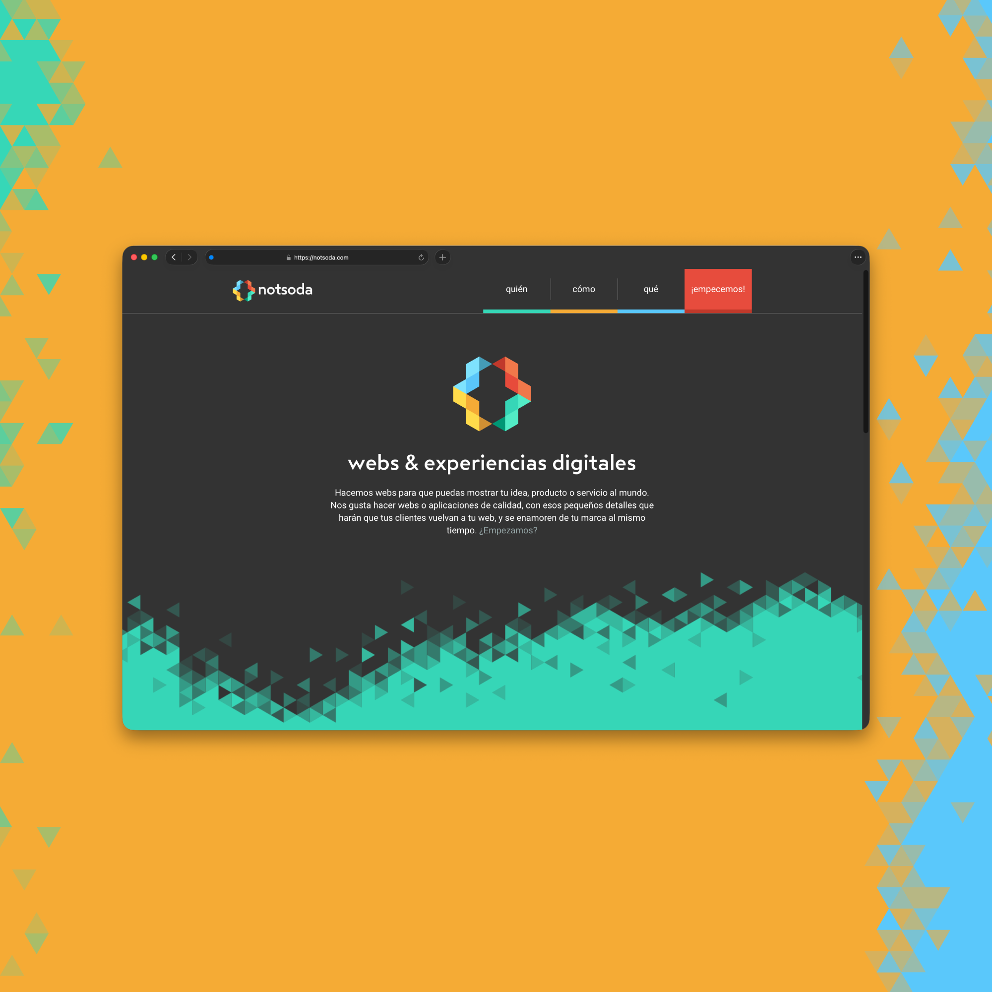 Notsoda website homepage in a browser window on an orange background