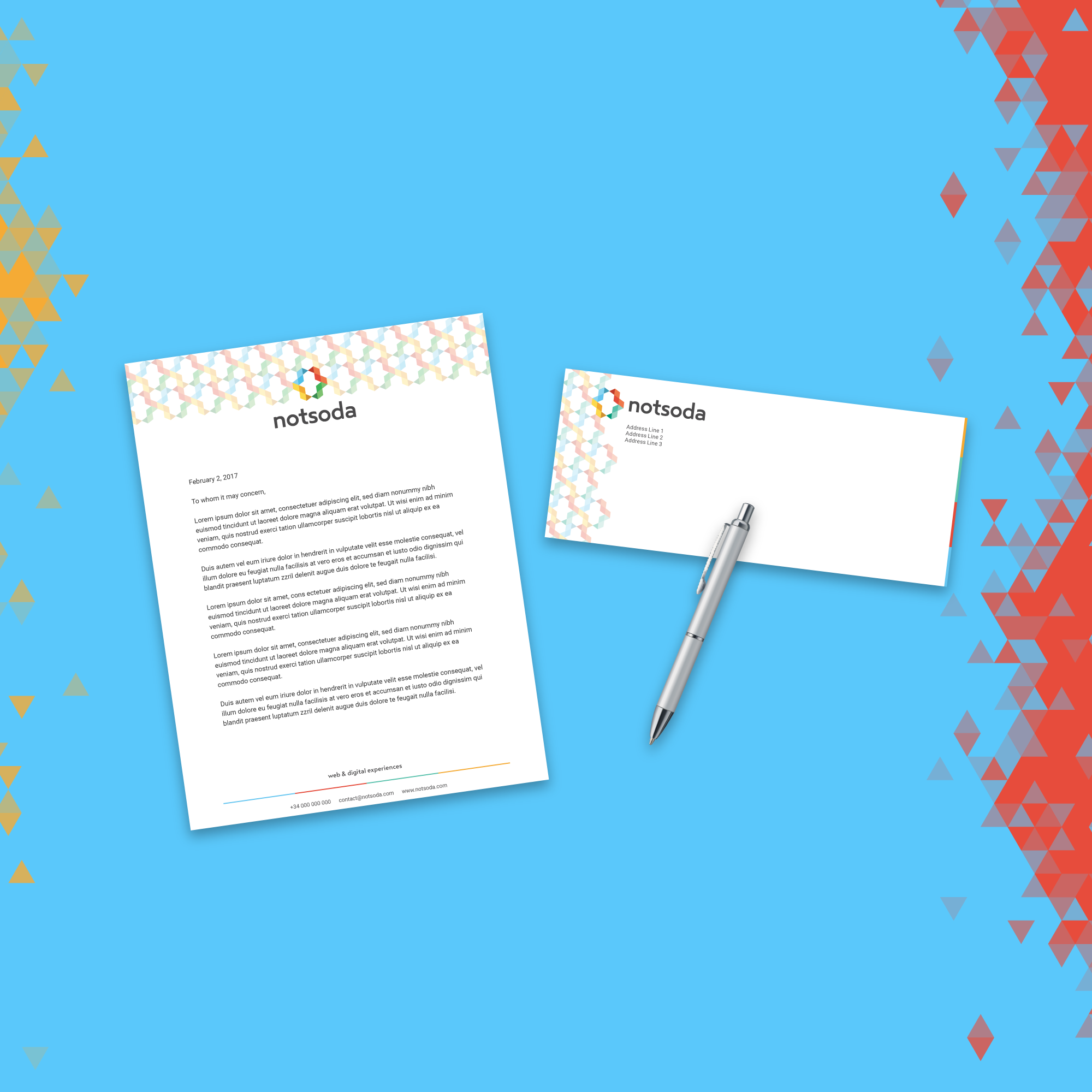Notsoda letterhead, envelope and pen on a light blue background