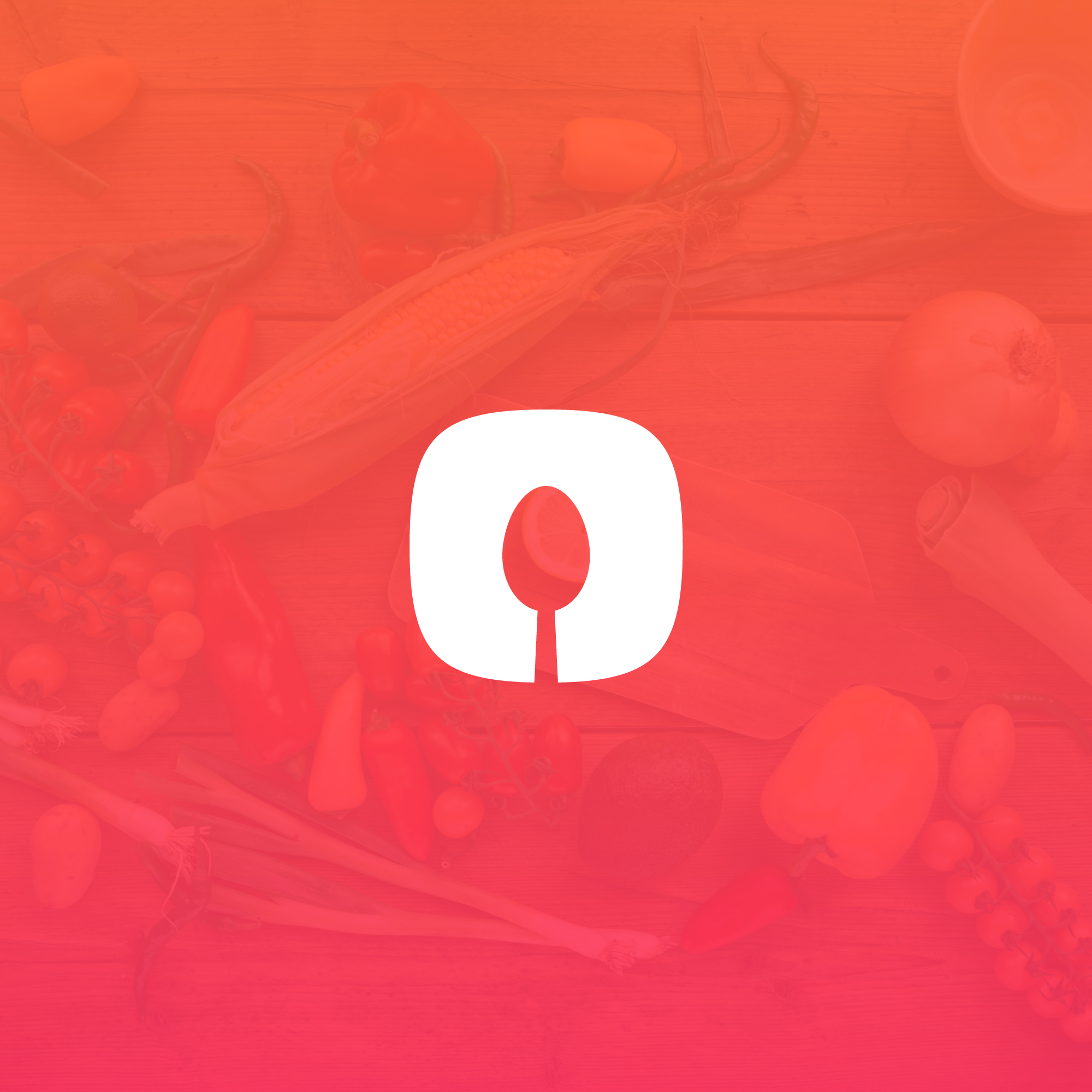 Now Cooking spoon mark in white over a red-tinted photo of fresh vegetables