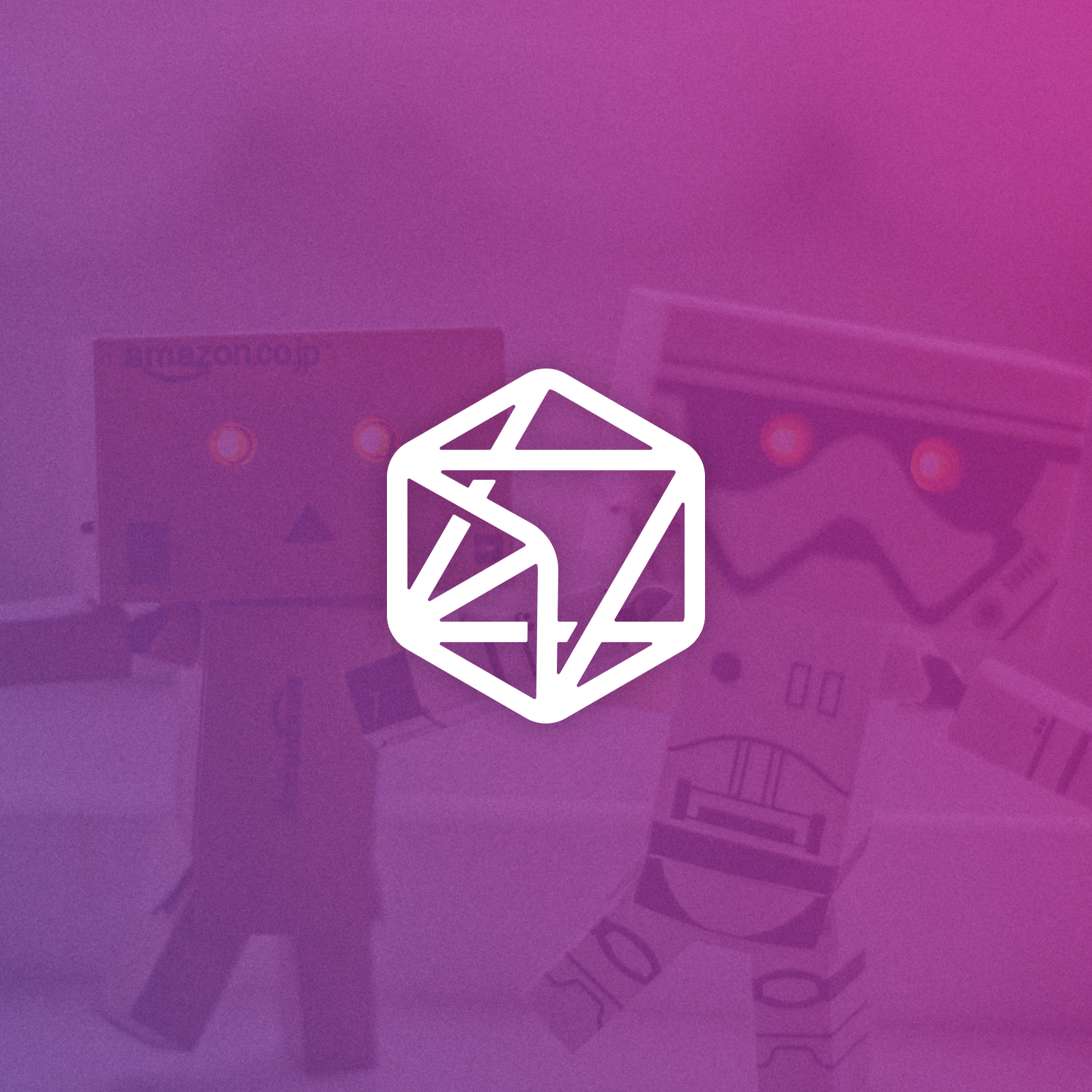 OneClick.ai geometric cube mark in white over a purple-tinted photo of cardboard robot toys