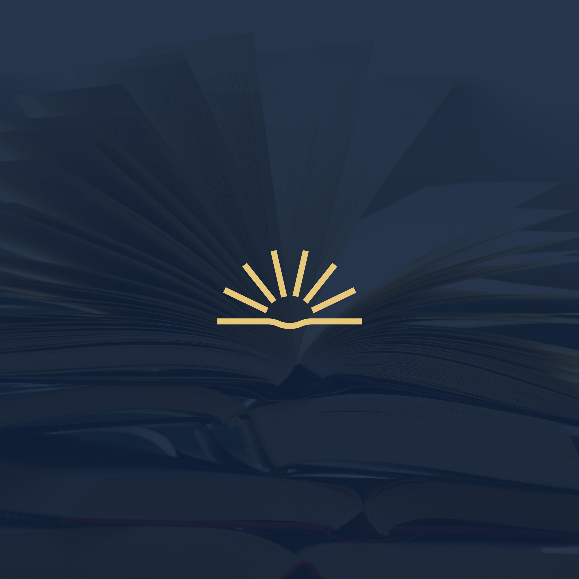 Open Horizons rising-sun logo mark in gold over an open book on navy