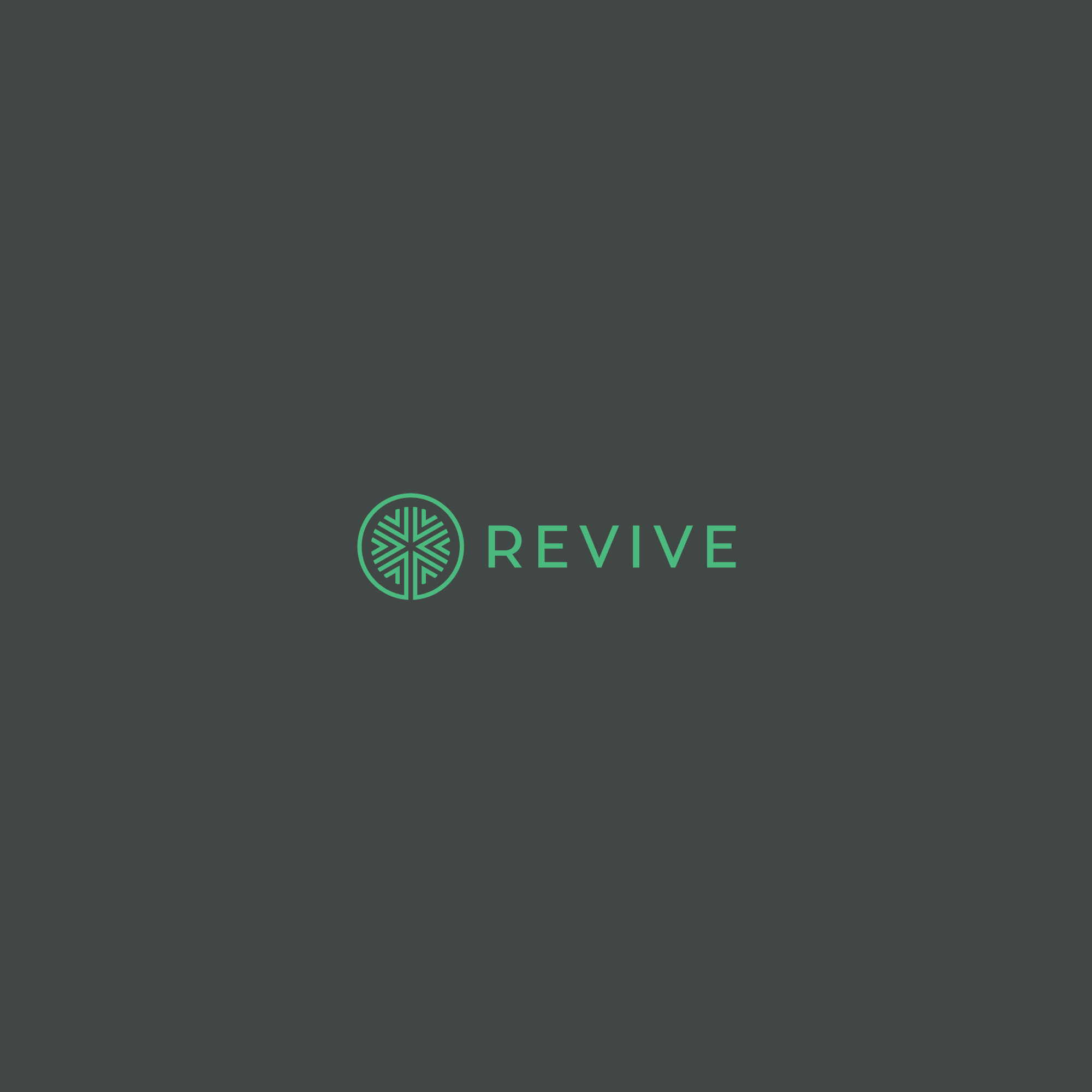 Revive logo and wordmark in green on charcoal