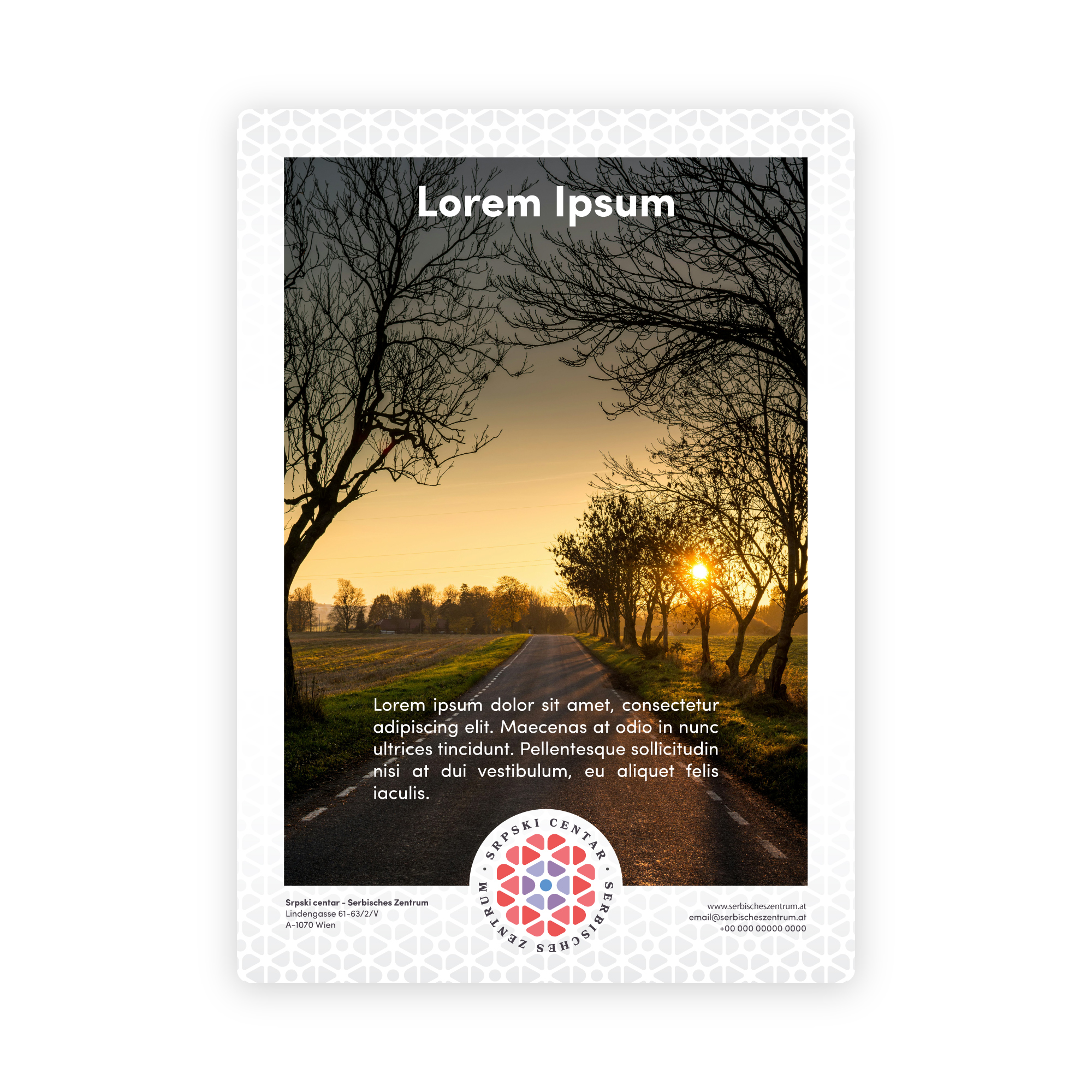 Serbisches Zentrum poster template with a sunset landscape photo and a circular logo badge