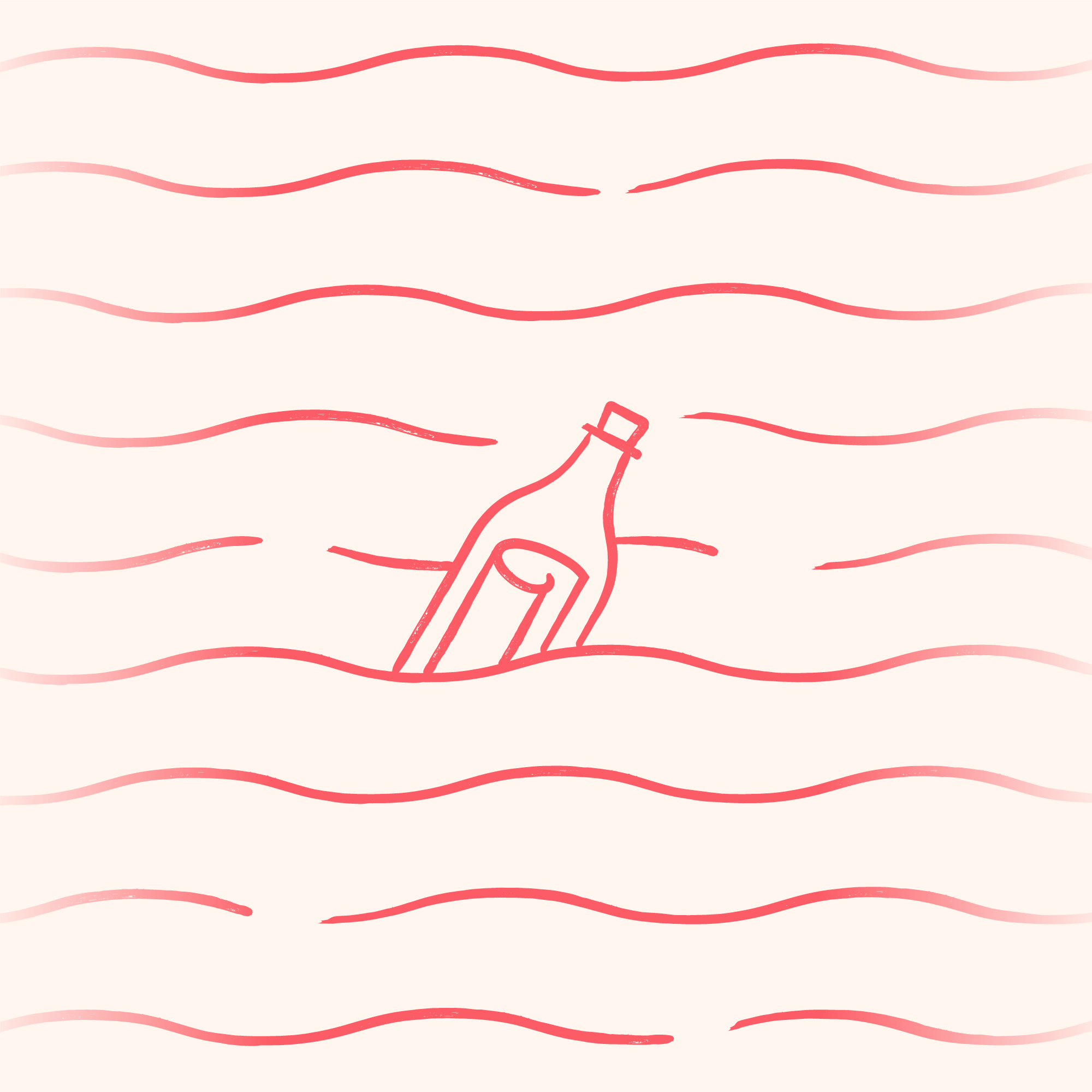 Stray Note bottle mark in coral red, floating in the brand's hand-drawn wave pattern