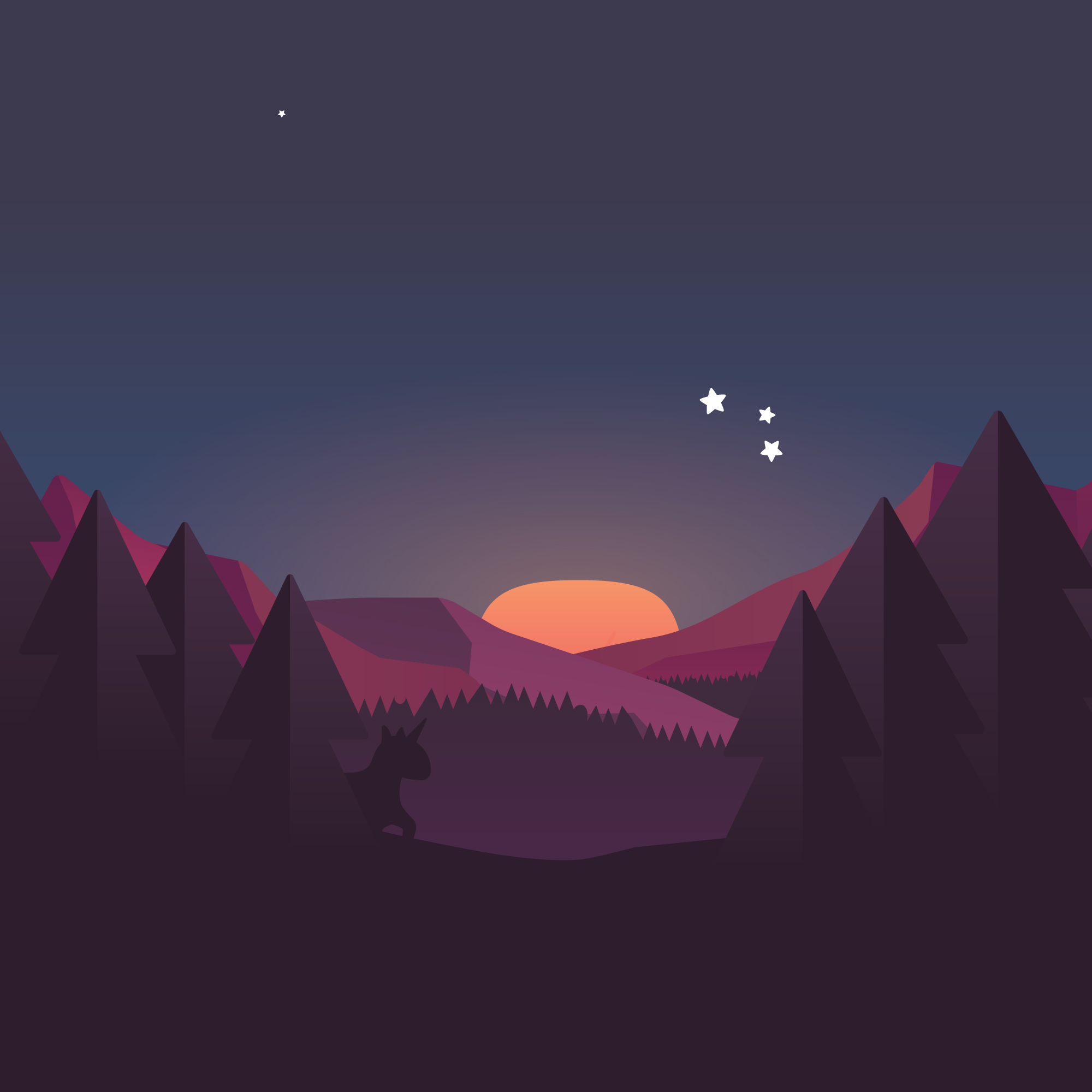 Unicorn Kid illustration of a unicorn silhouette in a pine forest at sunset