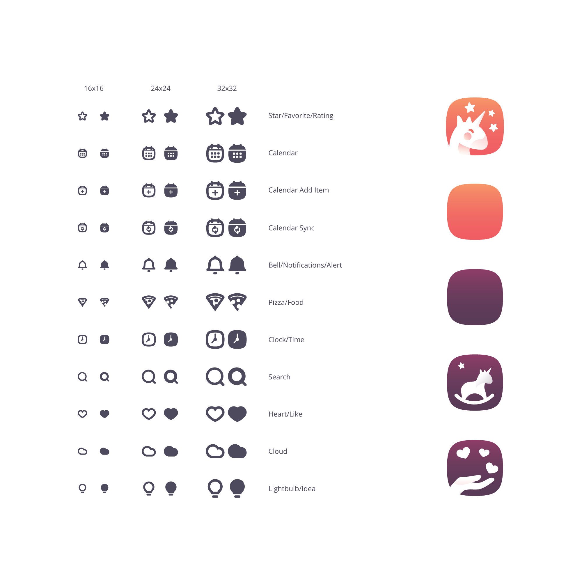 Unicorn Kid icon set in three sizes, with app icon variations