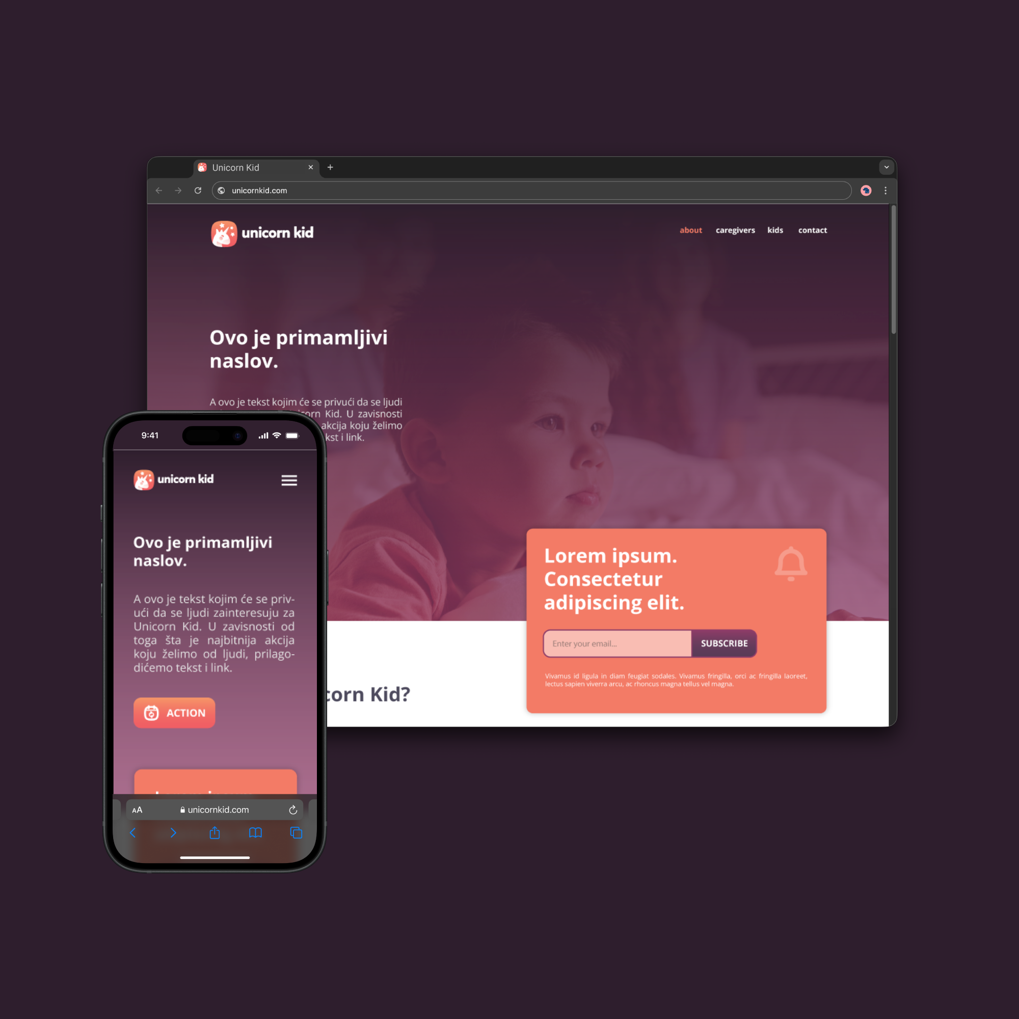 Unicorn Kid website on desktop and mobile