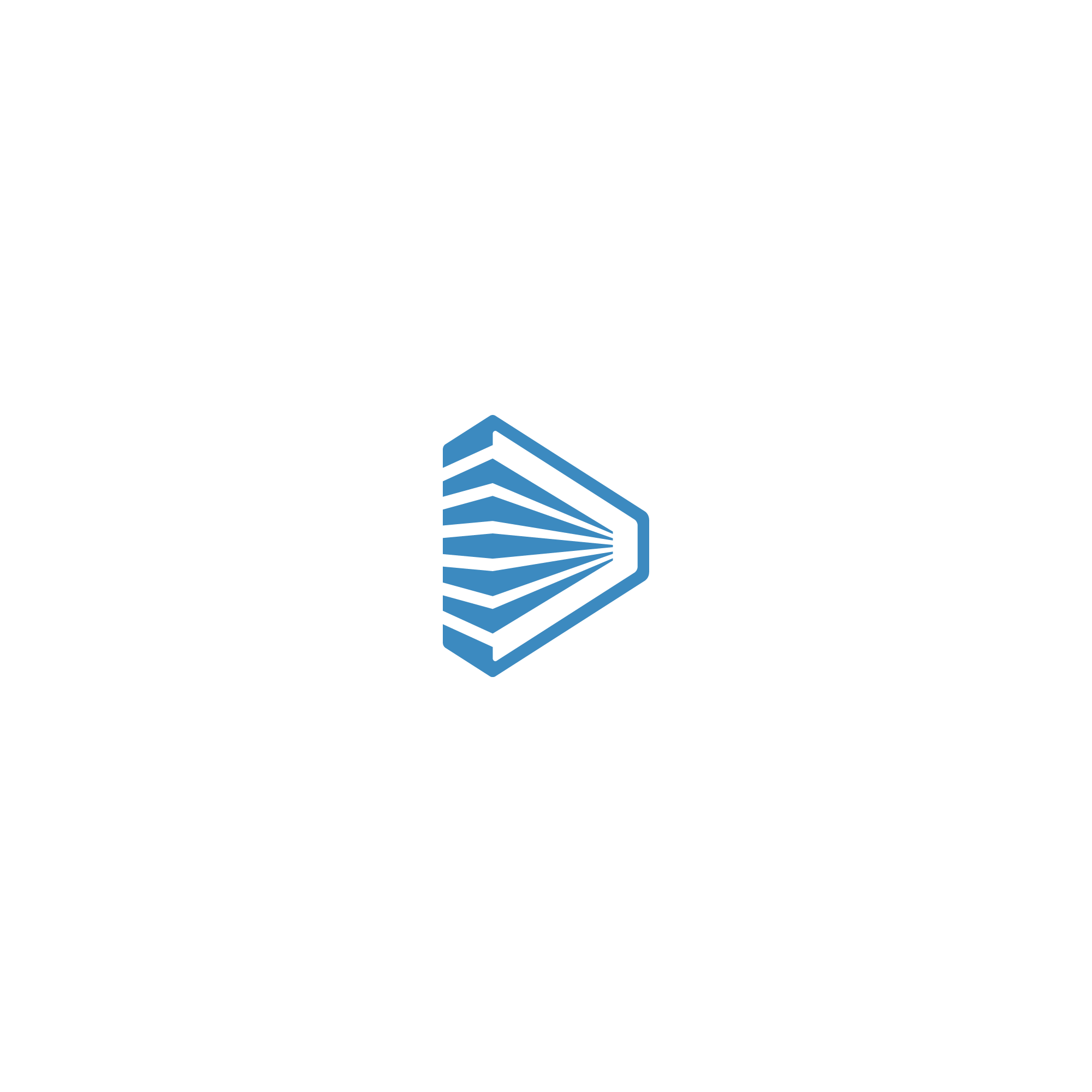 VizDisplay logo mark: a striped hexagonal play shape in blue