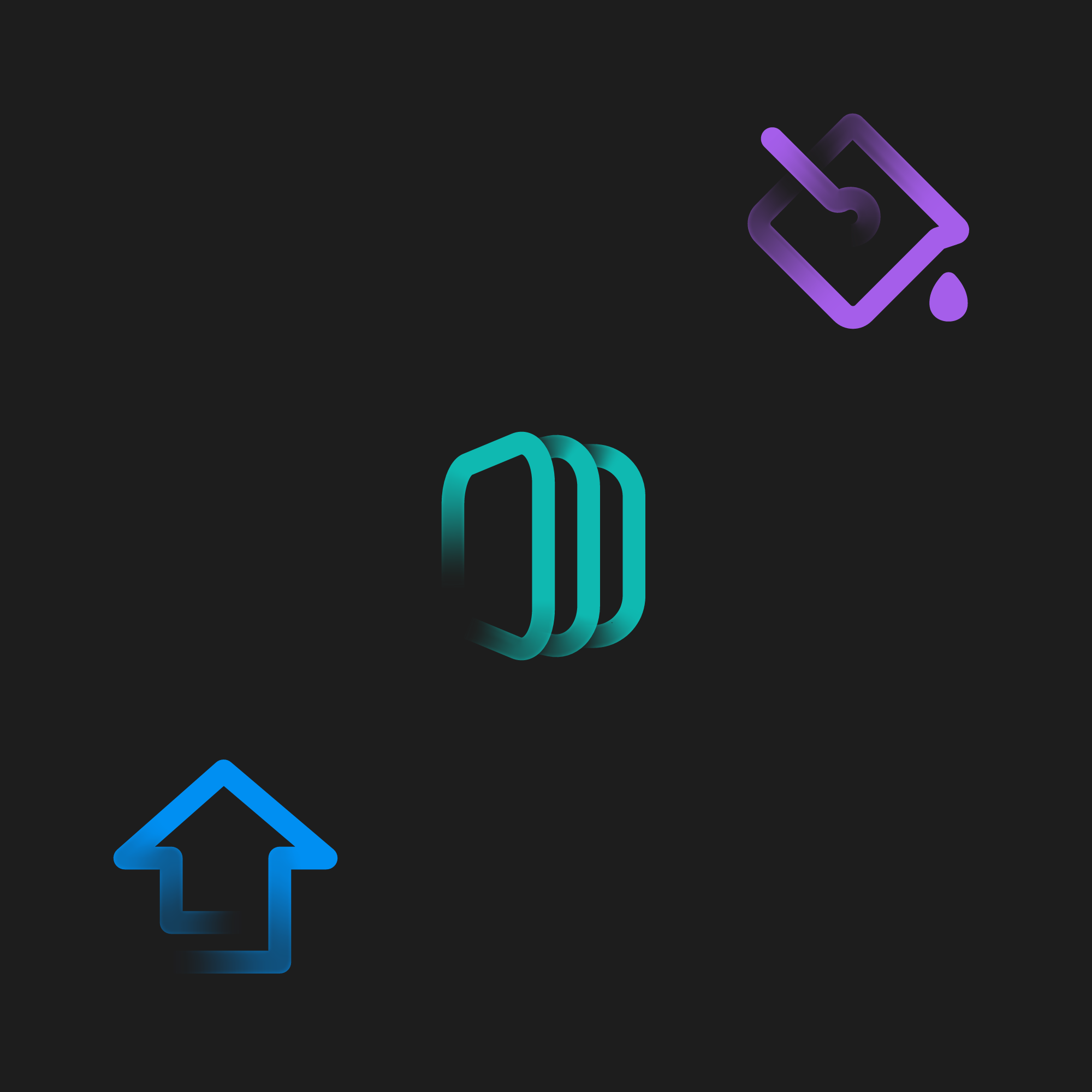Whiskeyjack app icons in gradient strokes: paint bucket, stacked panels and upload arrow