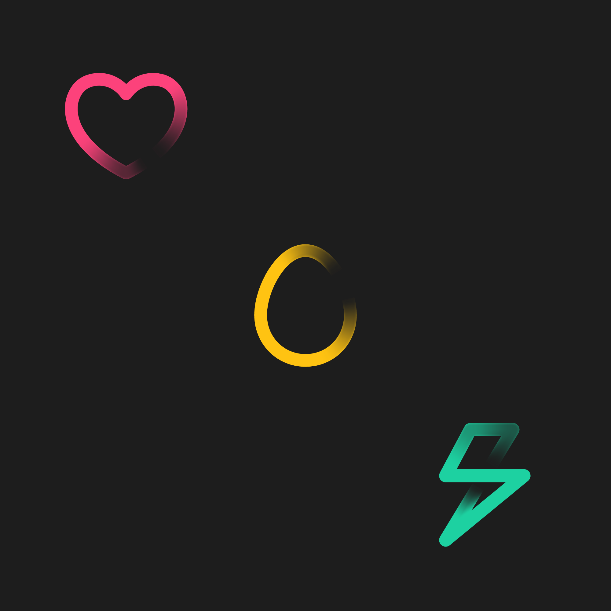 Whiskeyjack app icons in gradient strokes: heart, egg and lightning bolt